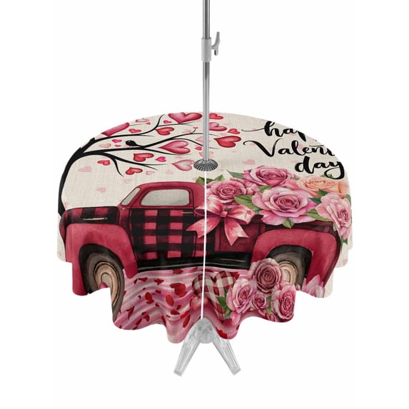 Outdoor Tablecloth with Umbrella Hole and Zipper, Valentine's Day Round Table Cloth 54 Inch Waterproof Tablecloth, Love Tree Branches Truck Roses Beige Picnic Table Cover for Patio Camping