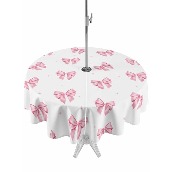 Outdoor Tablecloth with Umbrella Hole and Zipper, Valentine's Day Round Table Cloth 54 Inch Waterproof Tablecloth, Pink Bows Shining Stars Simple Art Picnic Table Cover for Patio Camping