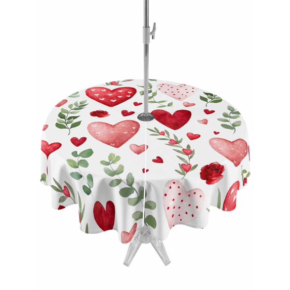 Outdoor Tablecloth with Umbrella Hole and Zipper, Valentine's Day Round Table Cloth 54 Inch Waterproof Tablecloth, Pink Red Love Heart Spring Green Botanical Picnic Table Cover for Patio Camping