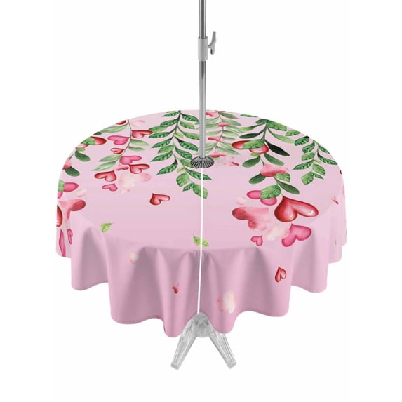 Outdoor Tablecloth with Umbrella Hole and Zipper, Valentine's Day Round Table Cloth 54 Inch Waterproof Tablecloth, Pink Red Roses Love Heart Eucalyptus Gradient Picnic Table Cover for Patio Camping