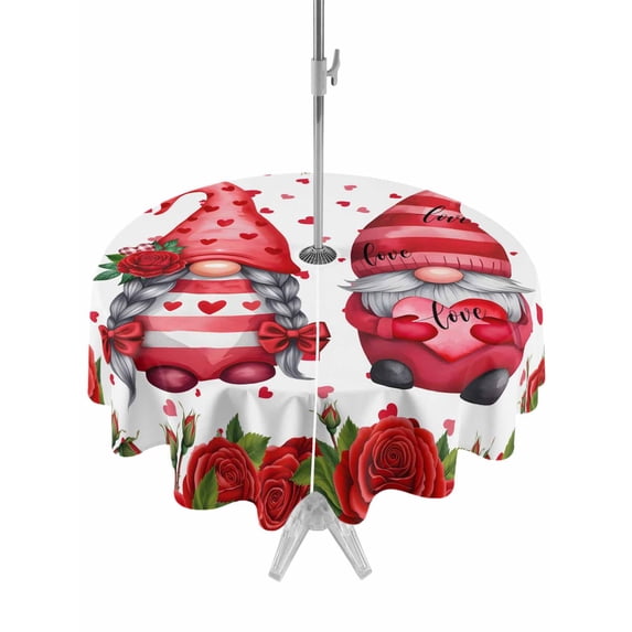 Outdoor Tablecloth with Umbrella Hole and Zipper, Valentine's Day Round Table Cloth 54 Inch Waterproof Tablecloth, Red Gnomes Roses Flowers Love Romance Picnic Table Cover for Patio Camping