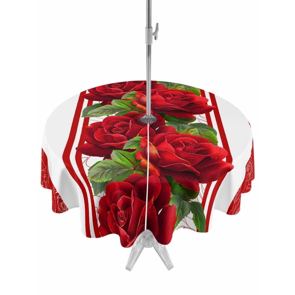 Outdoor Tablecloth with Umbrella Hole and Zipper, Valentine's Day Round Table Cloth 54 Inch Waterproof Tablecloth, Red Roses Floral Romantic Striped Picnic Table Cover for Patio Camping
