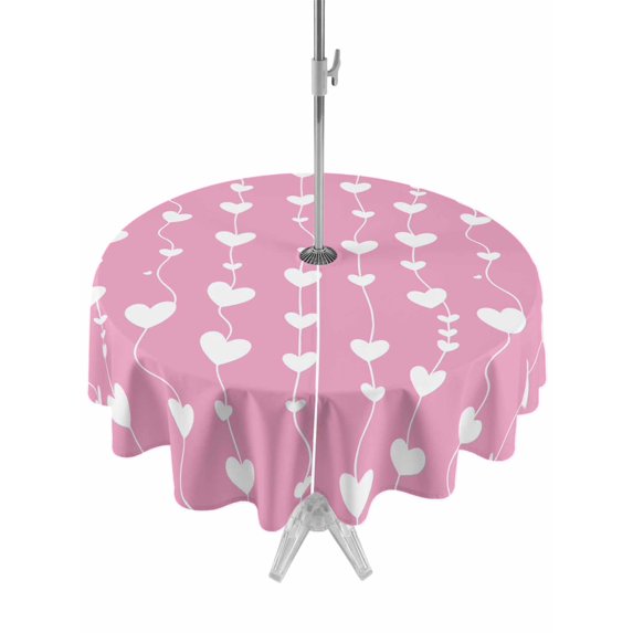 Outdoor Tablecloth with Umbrella Hole and Zipper, Valentine's Day Round Table Cloth 54 Inch Waterproof Tablecloth, Sweet Love Heart Lines Romantic Pink Picnic Table Cover for Patio Camping