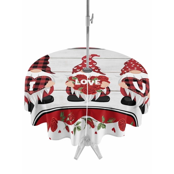 Outdoor Tablecloth with Umbrella Hole and Zipper, Valentine's Day Round Table Cloth 54 Inch Waterproof Tablecloth, Vintage Love Heart Romantic Roses Gnomes Picnic Table Cover for Patio Camping