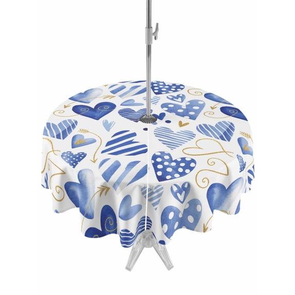 Outdoor Tablecloth with Umbrella Hole and Zipper, Valentine's Day Round Table Cloth 60 Inch Waterproof Tablecloth, Blue Heart Love Modern Romantic Minimalist Picnic Table Cover for Patio Camping