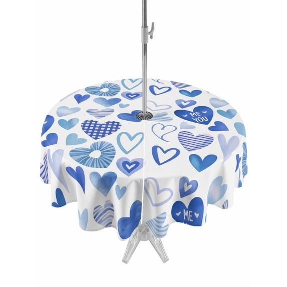 Outdoor Tablecloth with Umbrella Hole and Zipper, Valentine's Day Round Table Cloth 60 Inch Waterproof Tablecloth, Blue Love Heart Romantic Me You Picnic Table Cover for Patio Camping
