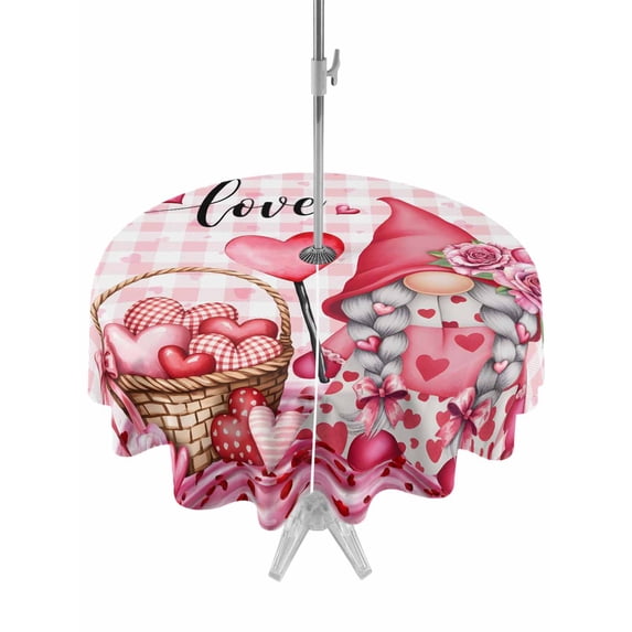 Outdoor Tablecloth with Umbrella Hole and Zipper, Valentine's Day Round Table Cloth 60 Inch Waterproof Tablecloth, Gnomes Love Roses Romantic Pink Plaid Picnic Table Cover for Patio Camping