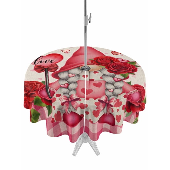 Outdoor Tablecloth with Umbrella Hole and Zipper, Valentine's Day Round Table Cloth 60 Inch Waterproof Tablecloth, Gnomes Loves Roses Romantic Plaid Beige Picnic Table Cover for Patio Camping