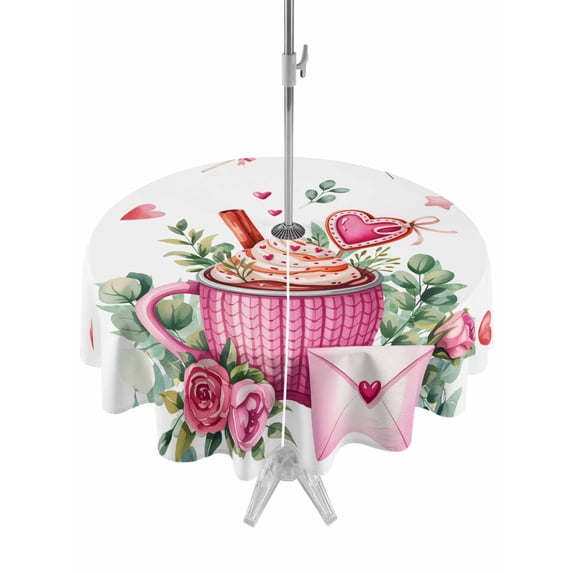 Outdoor Tablecloth with Umbrella Hole and Zipper, Valentine's Day Round Table Cloth 60 Inch Waterproof Tablecloth, Ice Cream Love Rose Eucalyptus Leaves Picnic Table Cover for Patio Camping