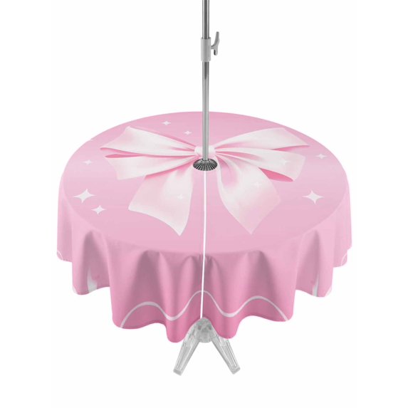 Outdoor Tablecloth with Umbrella Hole and Zipper, Valentine's Day Round Table Cloth 60 Inch Waterproof Tablecloth, Pink Bowknot Ribbon Modern Mother's Day Picnic Table Cover for Patio Camping
