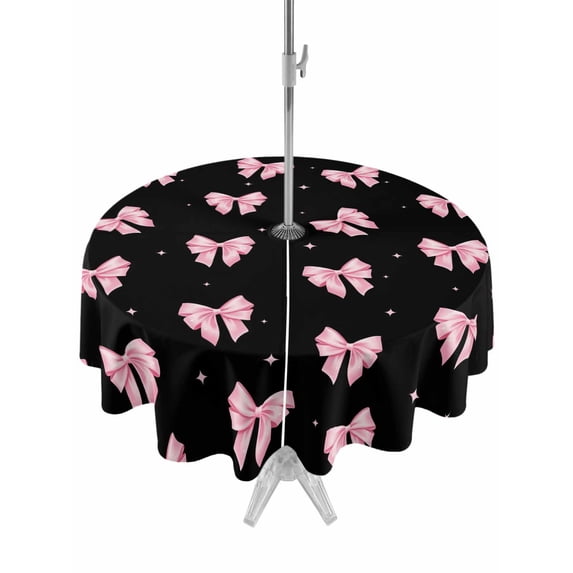 Outdoor Tablecloth with Umbrella Hole and Zipper, Valentine's Day Round Table Cloth 60 Inch Waterproof Tablecloth, Pink Bows Shining Stars Modern Black Picnic Table Cover for Patio Camping