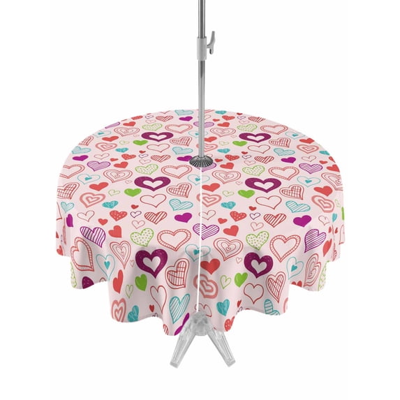 Outdoor Tablecloth with Umbrella Hole and Zipper, Valentine's Day Round Table Cloth 60 Inch Waterproof Tablecloth, Pink Heart Love Modern Country Picnic Table Cover for Patio Camping