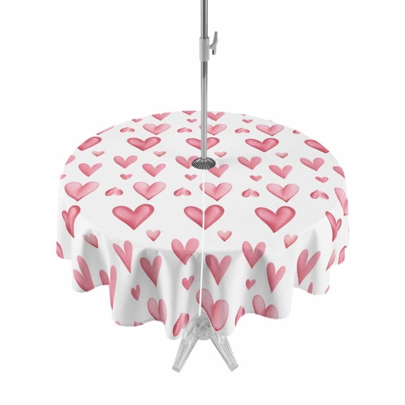 Outdoor Tablecloth with Umbrella Hole and Zipper, Valentine's Day Round Table Cloth 60 Inch Waterproof Tablecloth, Pink Roman Love Heart Watercolor Picnic Table Cover for Patio Camping