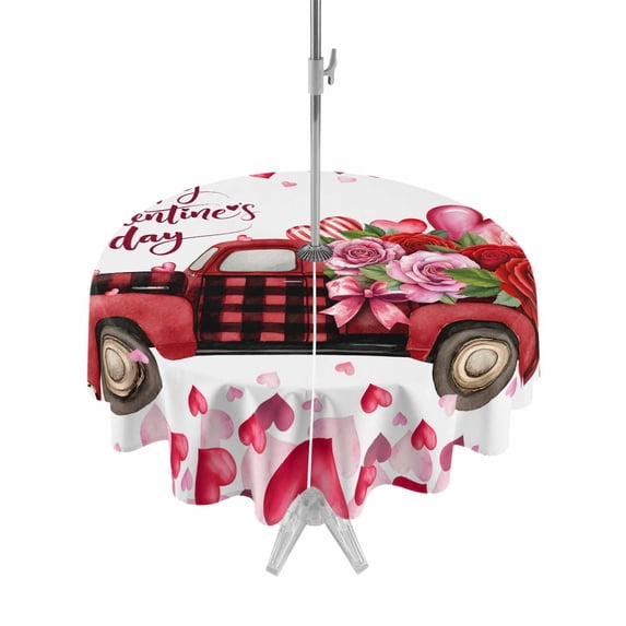 Outdoor Tablecloth with Umbrella Hole and Zipper, Valentine's Day Round Table Cloth 60 Inch Waterproof Tablecloth, Pink Roses Car Love Hearts Romantic Picnic Table Cover for Patio Camping