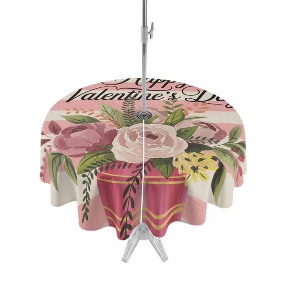 Outdoor Tablecloth with Umbrella Hole and Zipper, Valentine's Day Round Table Cloth 60 Inch Waterproof Tablecloth, Pink Roses Flowers Stripes Rustic Beige Picnic Table Cover for Patio Camping