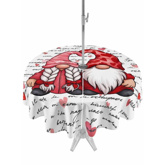 Outdoor Tablecloth with Umbrella Hole and Zipper, Valentine's Day Round Table Cloth 60 Inch Waterproof Tablecloth, Red Gnomes Love Letter Romantic Picnic Table Cover for Patio Camping