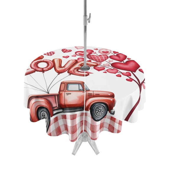 Outdoor Tablecloth with Umbrella Hole and Zipper, Valentine's Day Round Table Cloth 60 Inch Waterproof Tablecloth, Red Love Balloons Trees Truck Pink Plaid Picnic Table Cover for Patio Camping
