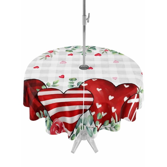 Outdoor Tablecloth with Umbrella Hole and Zipper, Valentine's Day Round Table Cloth 60 Inch Waterproof Tablecloth, Red Love Heart Eucalyptus Floral Grey Plaid Picnic Table Cover for Patio Camping