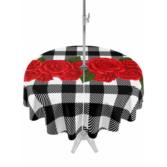Outdoor Tablecloth with Umbrella Hole and Zipper, Valentine's Day Round Table Cloth 60 Inch Waterproof Tablecloth, Red Rose Flowers Buffalo Plaid Romantic Picnic Table Cover for Patio Camping