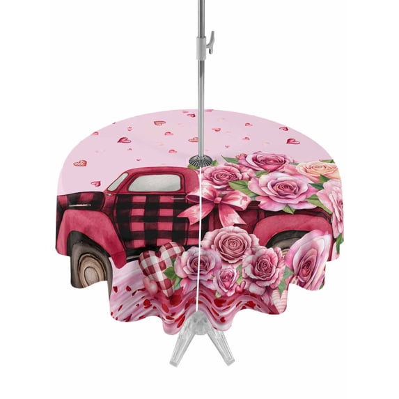 Outdoor Tablecloth with Umbrella Hole and Zipper, Valentine's Day Round Table Cloth 60 Inch Waterproof Tablecloth, Romantic Love Roses Truck Ombre Pink Picnic Table Cover for Patio Camping