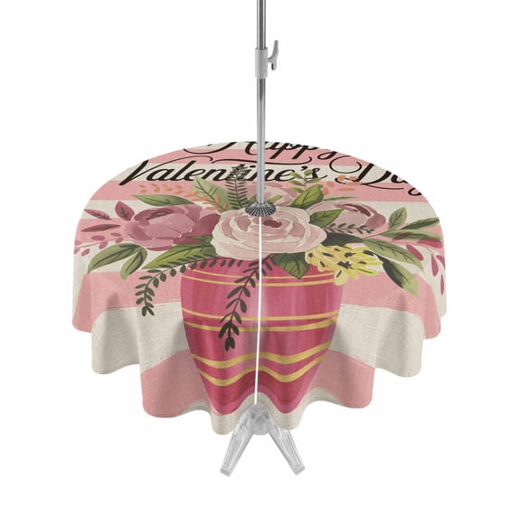 Outdoor Tablecloth with Umbrella Hole and Zipper, Valentine's Day Round Table Cloth 60 Inch Waterproof Tablecloth, Roses Flowers Pink Stripes Country Beige Picnic Table Cover for Patio Camping