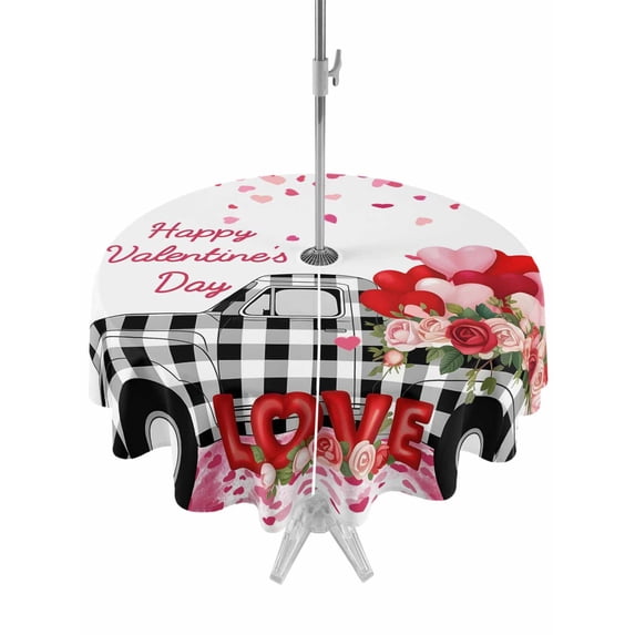 Outdoor Tablecloth with Umbrella Hole and Zipper, Valentine's Day Round Table Cloth 60 Inch Waterproof Tablecloth, Watercolor Love Truck Roses Buffalo Plaid Picnic Table Cover for Patio Camping