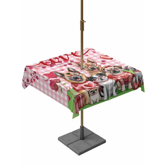 Outdoor Tablecloth with Umbrella Hole and Zipper, Valentine's Day Square Table Cloth 54x54 Inch Waterproof Tablecloth, Funny Dogs Love Roses Spring Pink Plaid Picnic Table Cover for Patio Camping