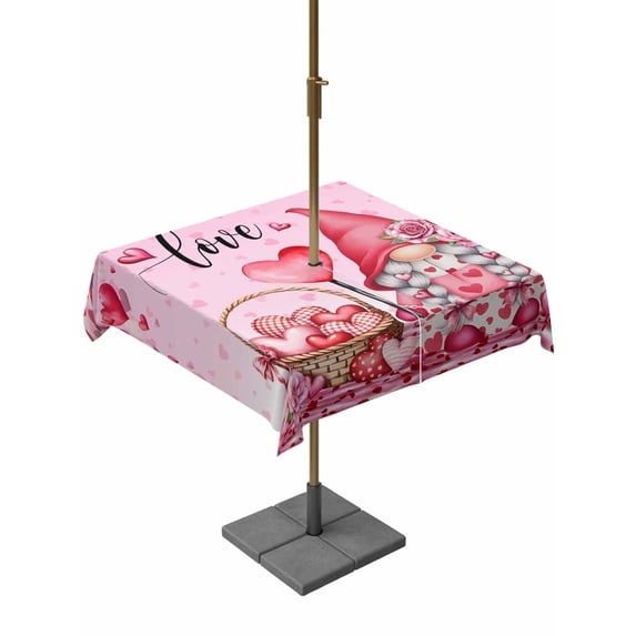 Outdoor Tablecloth with Umbrella Hole and Zipper, Valentine's Day Square Table Cloth 54x54 Inch Waterproof Tablecloth, Pink Love Gnomes Roses Ombre Romantic Picnic Table Cover for Patio Camping