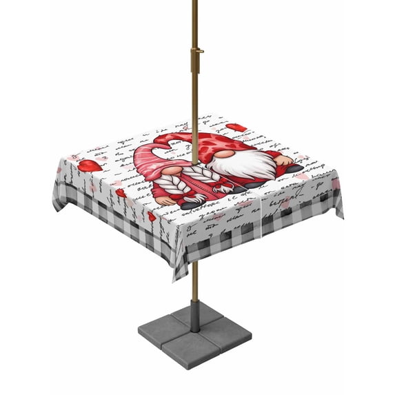 Outdoor Tablecloth with Umbrella Hole and Zipper, Valentine's Day Square Table Cloth 54x54 Inch Waterproof Tablecloth, Red Gnomes Love Letter Buffalo Plaid Picnic Table Cover for Patio Camping