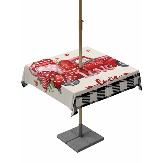 Outdoor Tablecloth with Umbrella Hole and Zipper, Valentine's Day Square Table Cloth 54x54 Inch Waterproof Tablecloth, Red Loves Truck Romantic Buffalo Plaid Beige Picnic Table Cover for Patio