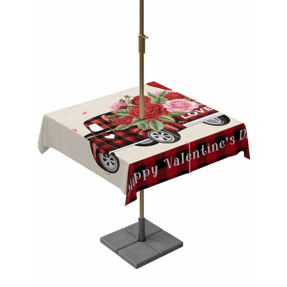 Outdoor Tablecloth with Umbrella Hole and Zipper, Valentine's Day Square Table Cloth 54x54 Inch Waterproof Tablecloth, Red Roses Truck Black Red Plaid Rustic Picnic Table Cover for Patio Camping