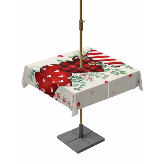 Outdoor Tablecloth with Umbrella Hole and Zipper, Valentine's Day Square Table Cloth 54x54 Inch Waterproof Tablecloth, Red Strip Plaid Love Eucalyptus Beige Burlap Picnic Table Cover for Patio