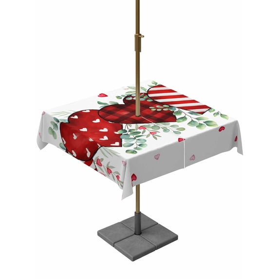 Outdoor Tablecloth with Umbrella Hole and Zipper, Valentine's Day Square Table Cloth 54x54 Inch Waterproof Tablecloth, Red Strip Plaid Love Eucalyptus Watercolor Picnic Table Cover for Patio Camping