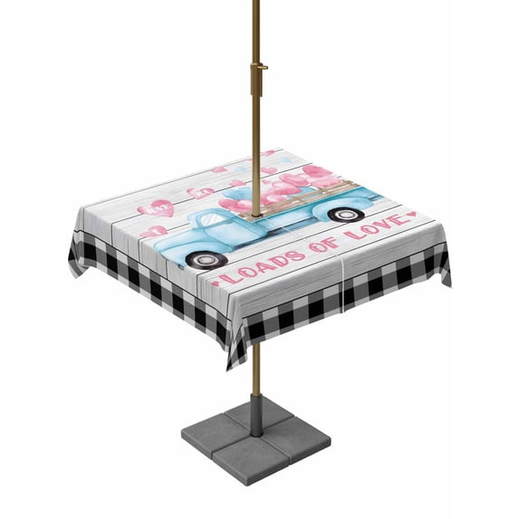 Outdoor Tablecloth with Umbrella Hole and Zipper, Valentine's Day Square Table Cloth 60x60 Inch Waterproof Tablecloth, Blue Love Truck Buffalo Plaid Romantic Wood Picnic Table Cover for Patio Camping
