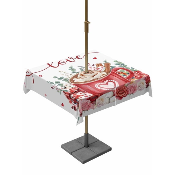 Outdoor Tablecloth with Umbrella Hole and Zipper, Valentine's Day Square Table Cloth 60x60 Inch Waterproof Tablecloth, Eucalyptus Leaves Coffee Gifts Picnic Table Cover for Patio Camping