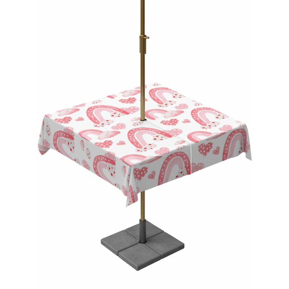 Outdoor Tablecloth with Umbrella Hole and Zipper, Valentine's Day Square Table Cloth 60x60 Inch Waterproof Tablecloth, Pink Rainbow Love Heart Polka Dots Spring Picnic Table Cover for Patio Camping