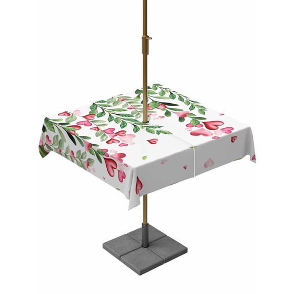 Outdoor Tablecloth with Umbrella Hole and Zipper, Valentine's Day Square Table Cloth 60x60 Inch Waterproof Tablecloth, Pink Red Roses Love Heart Eucalyptus Leaves Picnic Table Cover for Patio Camping