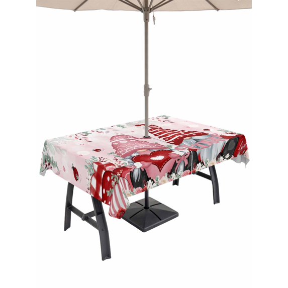 Outdoor Tablecloth with Umbrella Hole and Zipper, Valentine's Gnomes Rectangle Table Cloth 60x84 Inch Waterproof Tablecloth, Weeping Eucalyptus Pink Red Love Heart Picnic Table Cover for Patio