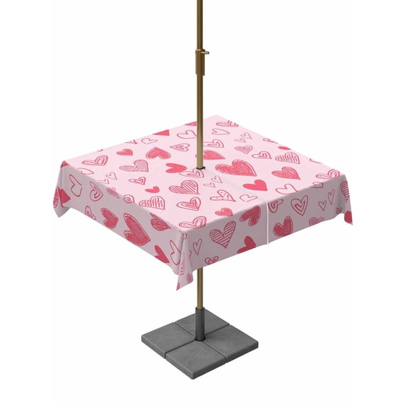 Outdoor Tablecloth with Umbrella Hole and Zipper, Valentines Day Square Table Cloth 60x60 Inch Waterproof Tablecloth, Pink Love Heart Picnic Table Cover for Patio Camping