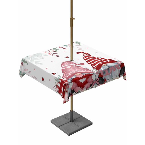 Outdoor Tablecloth with Umbrella Hole and Zipper, Valentines Gnomes Square Table Cloth 60x60 Inch Waterproof Tablecloth, Eucalyptus Pink Red Love Heart Picnic Table Cover for Patio Camping