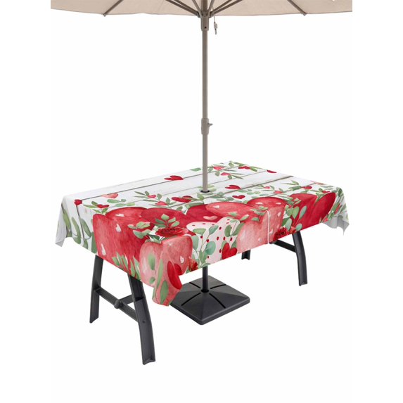 Outdoor Tablecloth with Umbrella Hole and Zipper, Valentines Love Heart Rectangle Table Cloth 60x102 Inch Waterproof Tablecloth, Retro Red Eucalyptus Botanical Picnic Table Cover for Patio Camping