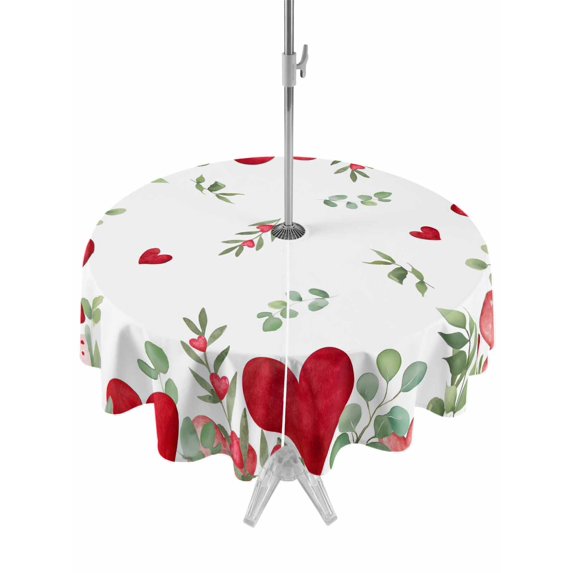 Outdoor Tablecloth with Umbrella Hole and Zipper, Valentines Love Heart Round Table Cloth 60 Inch Waterproof Tablecloth, Eucalyptus Red Love Heart Picnic Table Cover for Patio Camping