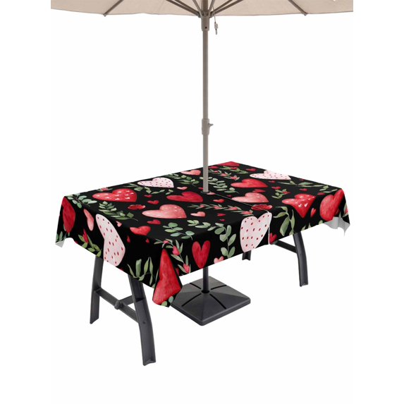 Outdoor Tablecloth with Umbrella Hole and Zipper, Valentines Rectangle Table Cloth 60x102 Inch Waterproof Tablecloth, Pink Red Love Heart Green Botanical Black Picnic Table Cover for Patio Camping