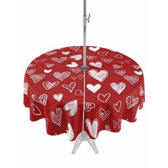 Outdoor Tablecloth with Umbrella Hole and Zipper, Valentines Round Table Cloth 54 Inch Waterproof Tablecloth, Romantic Red Love Heart Picnic Table Cover for Patio Camping
