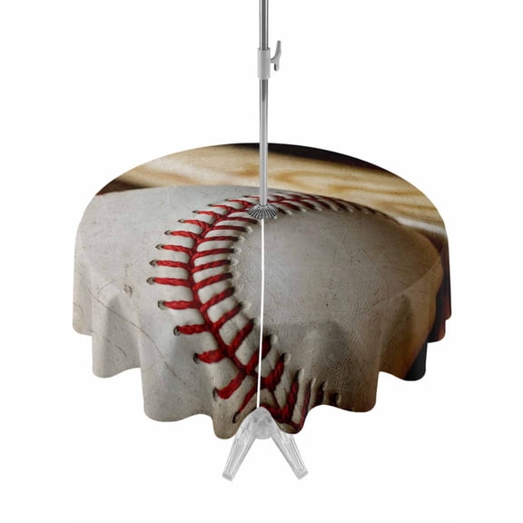 Outdoor Tablecloth with Umbrella Hole and Zipper, Vintage Baseball Round Table Cloth 54 Inch Waterproof Tablecloth, Classic Sport Retro Art Wooden Picnic Table Cover for Patio Camping