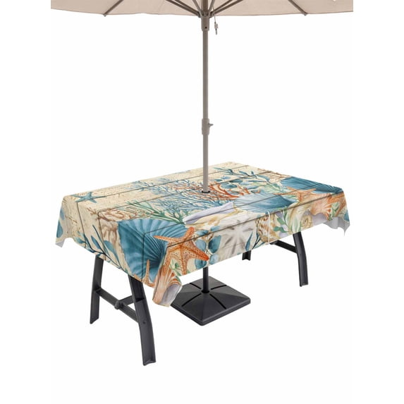 Outdoor Tablecloth with Umbrella Hole and Zipper, Vintage Beige Coastal Rectangle Table Cloth 54x80 Inch Waterproof Tablecloth, Summer Beach Starfish Shell Coral Nautical Picnic Table Cover for Patio