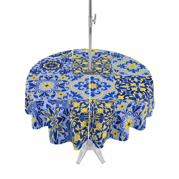 Outdoor Tablecloth with Umbrella Hole and Zipper, Vintage Boho Round Table Cloth 60 Inch Waterproof Tablecloth, Middle Century Bohemia Style Patchwork Blue Picnic Table Cover for Patio Camping