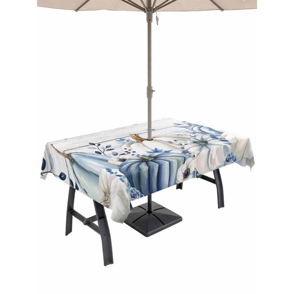 Outdoor Tablecloth with Umbrella Hole and Zipper, Vintage Fall Blue Rectangle Table Cloth 60x120 Inch Waterproof Tablecloth, Thanksgiving Botanical Pumpkins Picnic Table Cover for Patio Camping