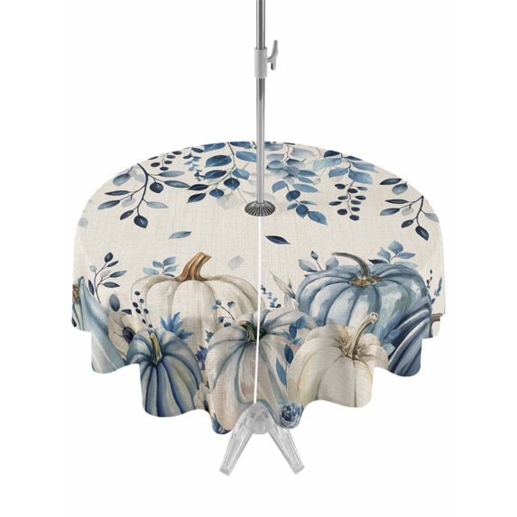 Outdoor Tablecloth with Umbrella Hole and Zipper, Vintage Fall Blue Round Table Cloth 60 Inch Waterproof Tablecloth, Thanksgiving Botanical Pumpkins Rustic Picnic Table Cover for Patio Camping