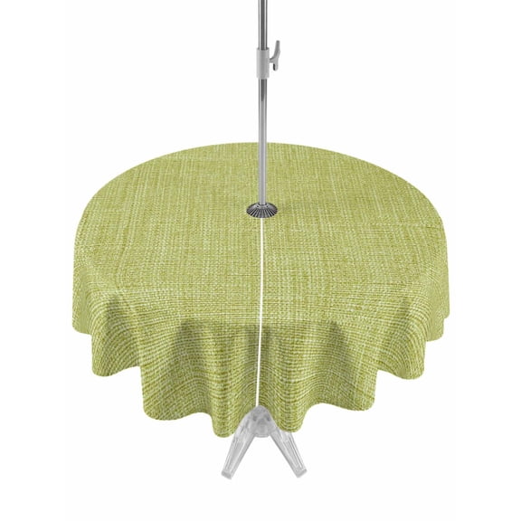 Outdoor Tablecloth with Umbrella Hole and Zipper, Vintage Fruit Green Waterproof Patio Tablecloth for Dining Round 54'', Farmhouse Retro Solid Color Linen Texture Table Cover for Picnic BBQ Party